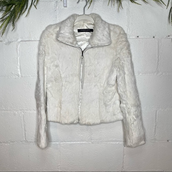Andrew Marc New York White Rabbit Fur Full Zip Short Jacket Size Large